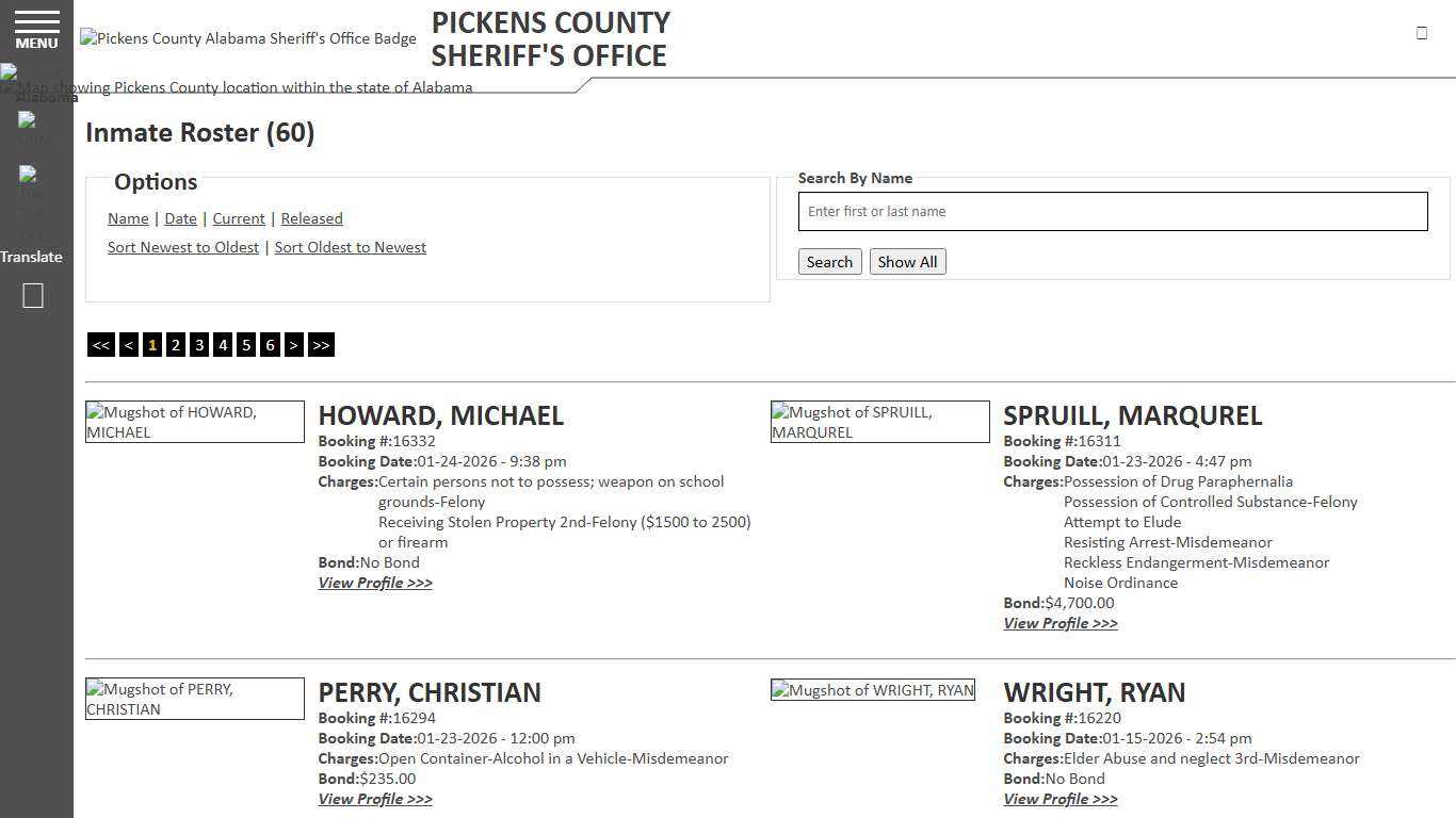 Inmate Roster - Current Inmates Booking Date Descending - Pickens County Alabama Sheriff's Office